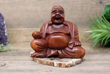 Hand craved Wooden Laughing Buddha for Meditating, Home Decor and Peace