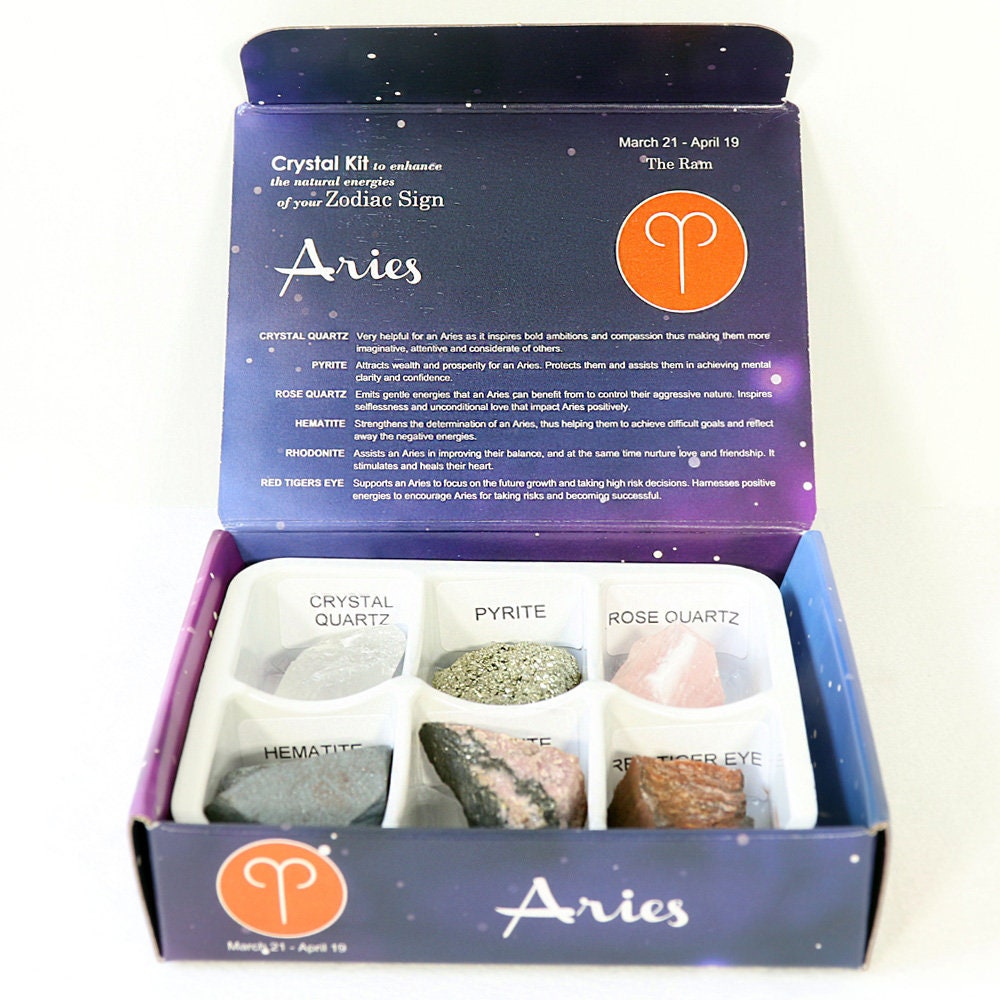 Aries Zodiac Crystal Kit, Crystal Set for Birthday, Horoscope, Astrology. 6 Birthstones in a Gift Box, Crystal Bundles
