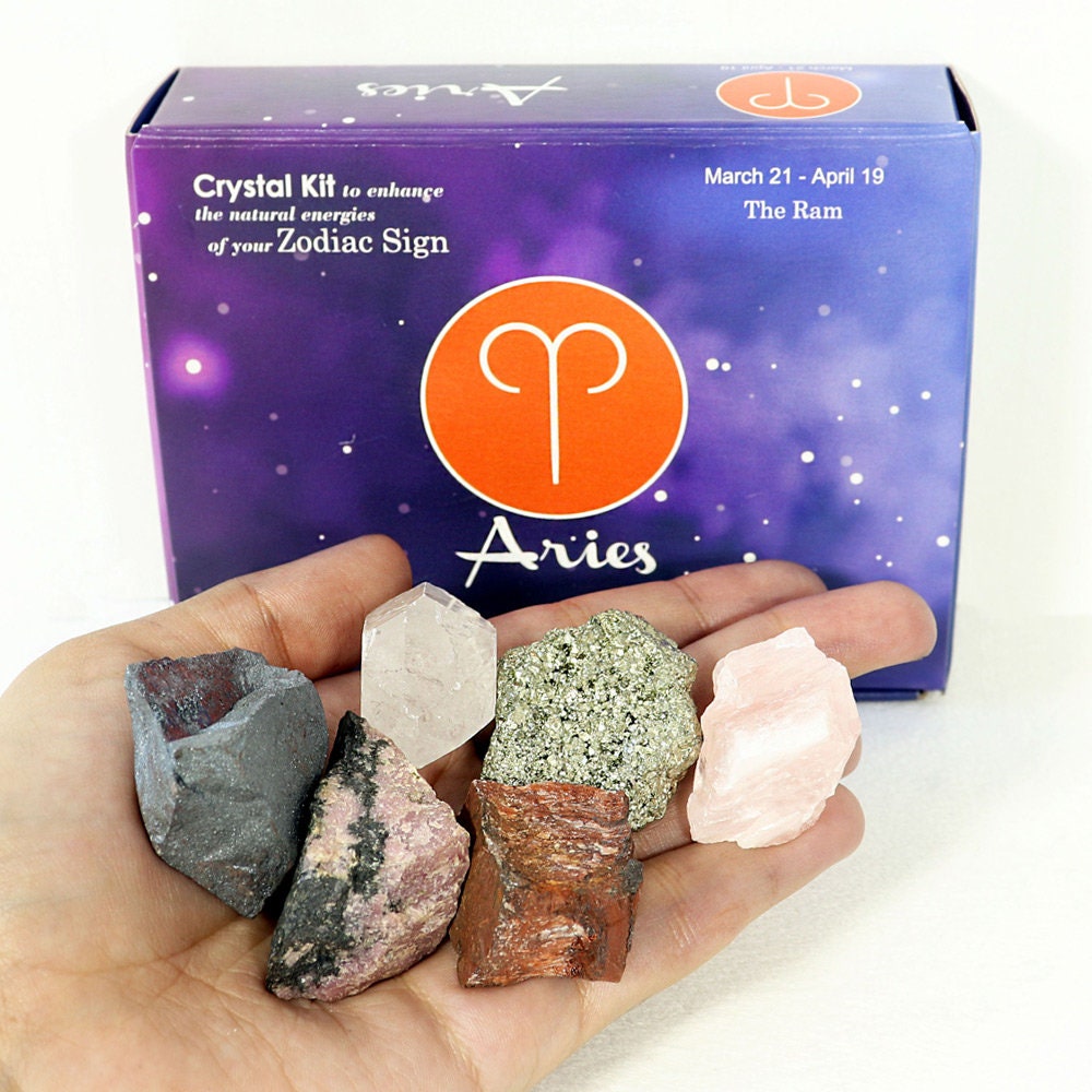 Aries Zodiac Crystal Kit, Crystal Set for Birthday, Horoscope, Astrology. 6 Birthstones in a Gift Box, Crystal Bundles