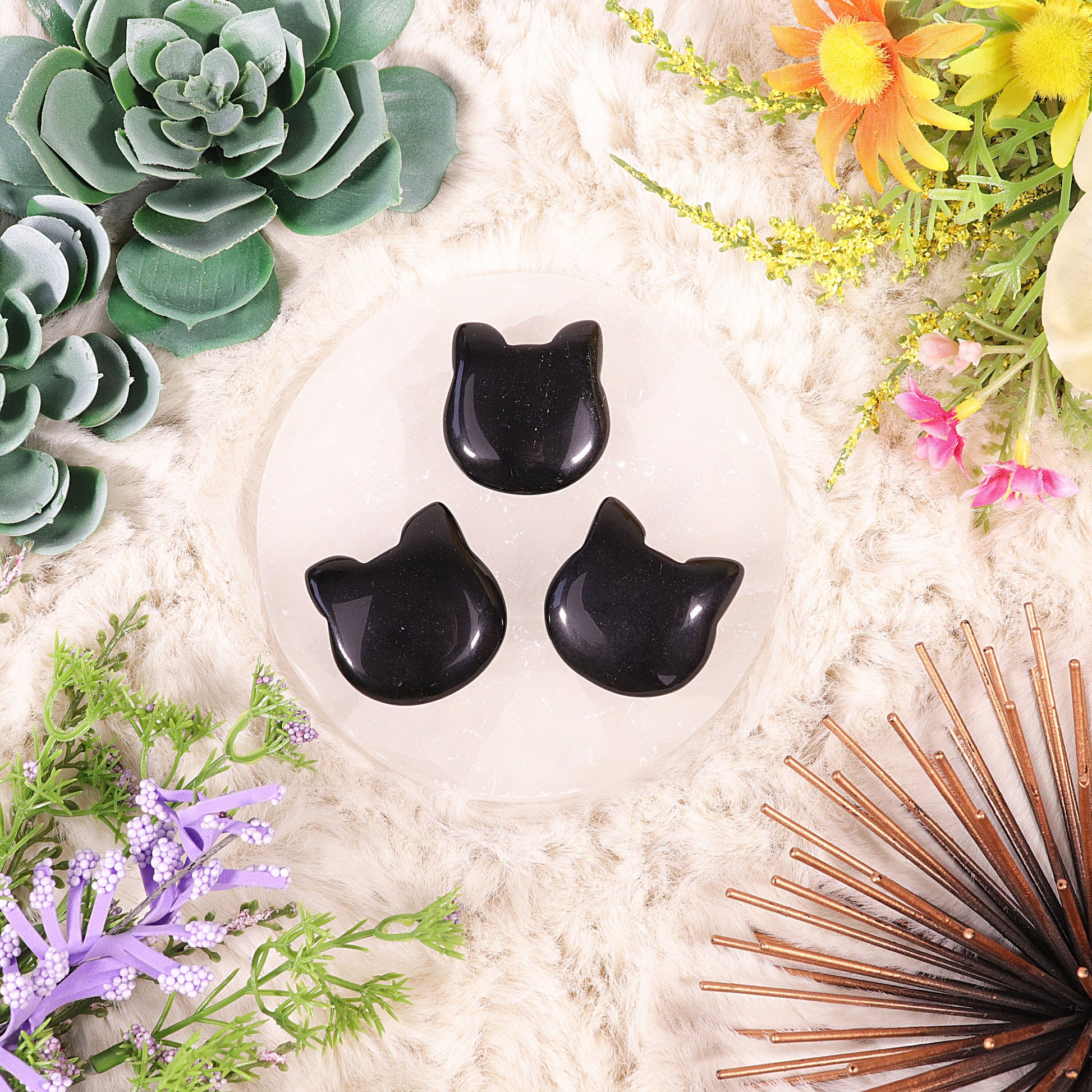 Adorable Crystal Carved Kitty Face, Black Obsidian Gemstone, Protecting Crystal, Animal Statue - SET OF ONE