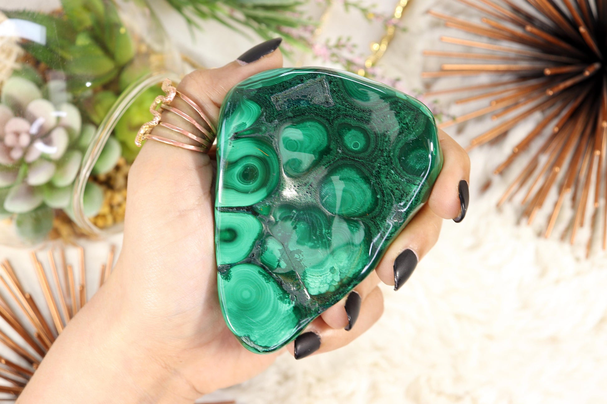 Malachite Polished Free Form Large Hand Sized Crystal, Heart Chakra