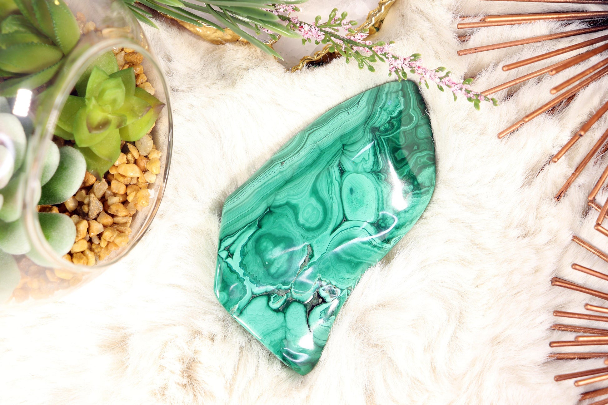 Malachite Polished Free Form Large Hand Sized Crystal, Heart Chakra