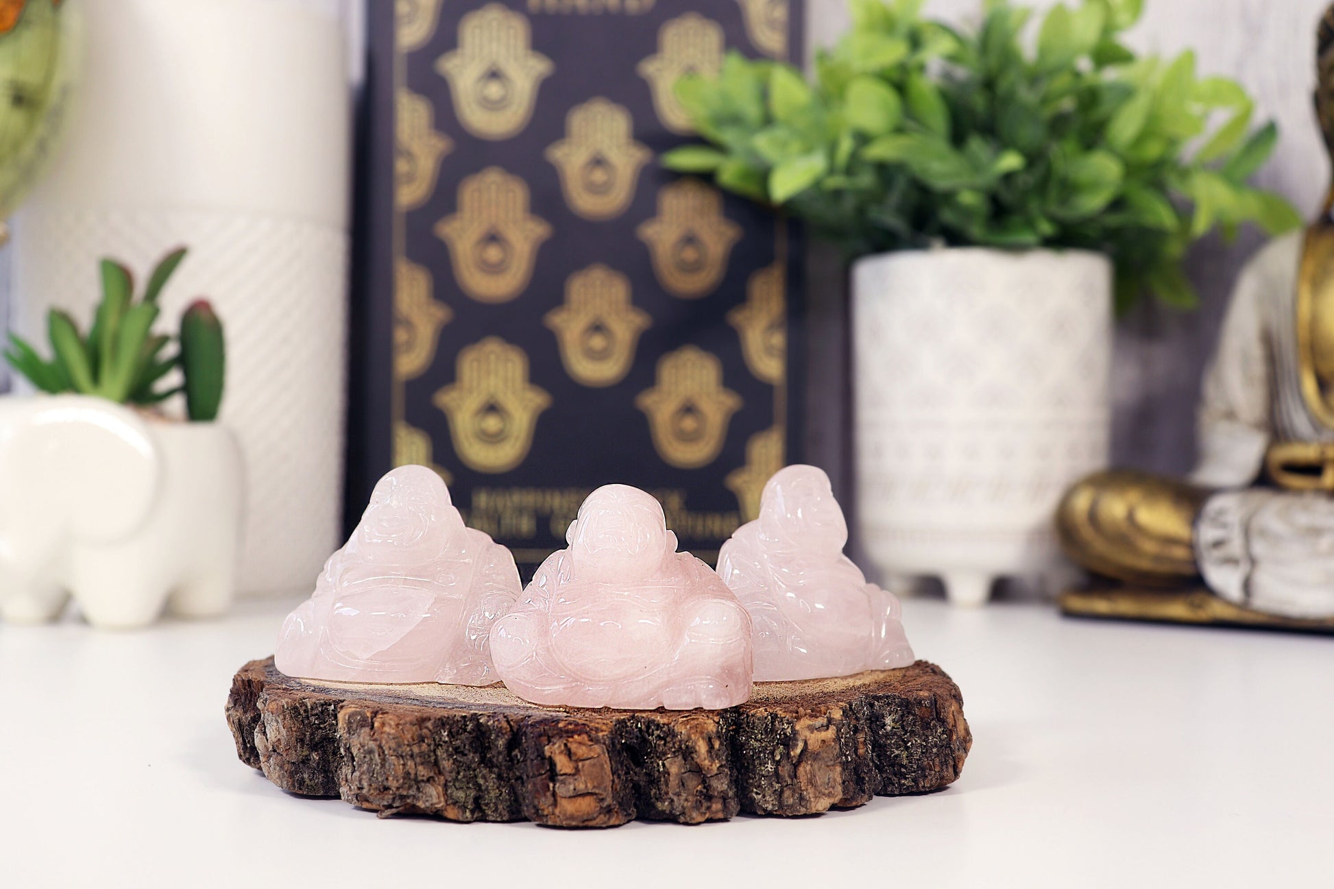 Rose Quartz Happy Buddha Statue, Carved Gemstone Buddha, Heart Chakra, Love Crystal - SOLD PER PIECE