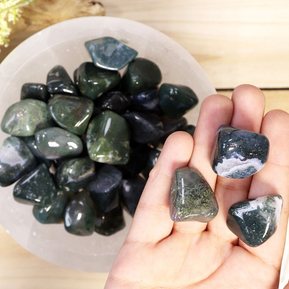 Wholesale Lot of Green Moss Agate Tumble Stones, Natural Polished Gemstone, Jewelry, DIY, Ethically Sourced