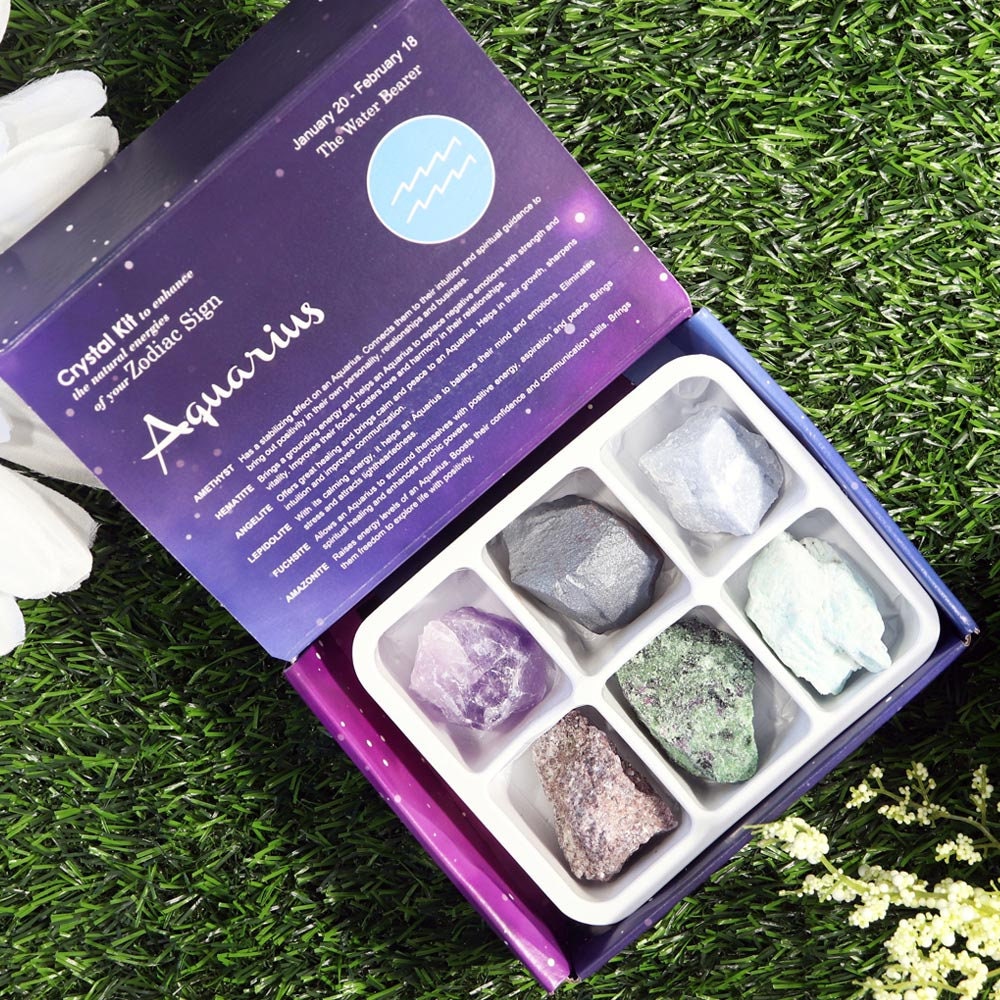 Aquarius Zodiac Crystal Kit, Crystal Set for Birthday, Horoscope, Astrology. 6 Birthstones in a Gift Box, Crystal Bundles