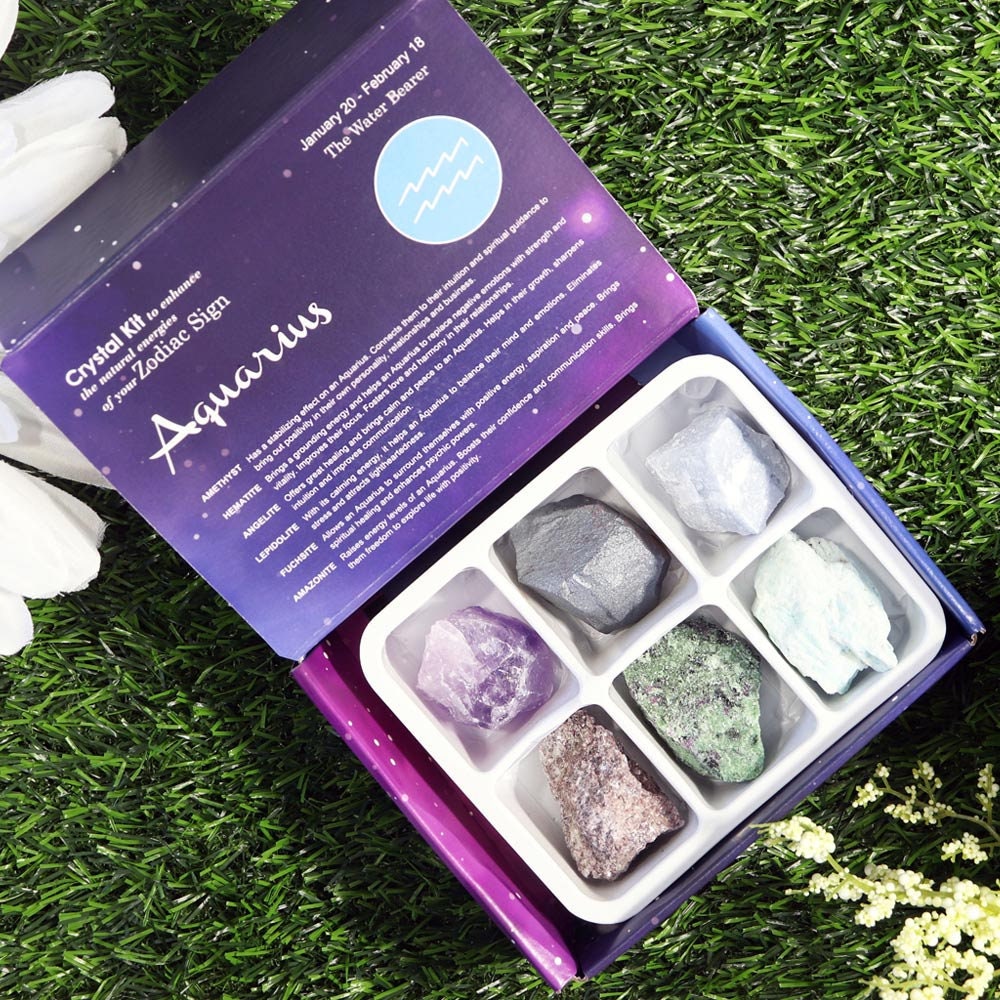 Aquarius Zodiac Crystal Kit, Crystal Set for Birthday, Horoscope, Astrology. 6 Birthstones in a Gift Box, Crystal Bundles