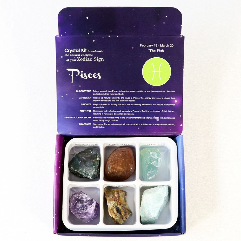 Pisces Zodiac Crystal Kit, Crystal Set for Birthday, Horoscope, Astrology. 6 Birthstones in a Gift Box, Crystal Bundles