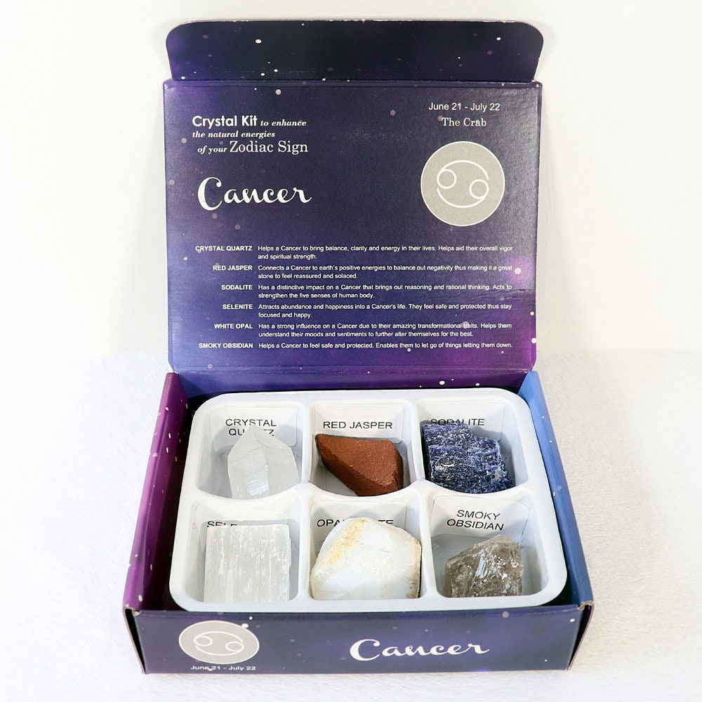 Cancer Zodiac Crystal Kit, Crystal Set for Birthday, Horoscope, Astrology. 6 Birthstones in a Gift Box, Crystal Bundles