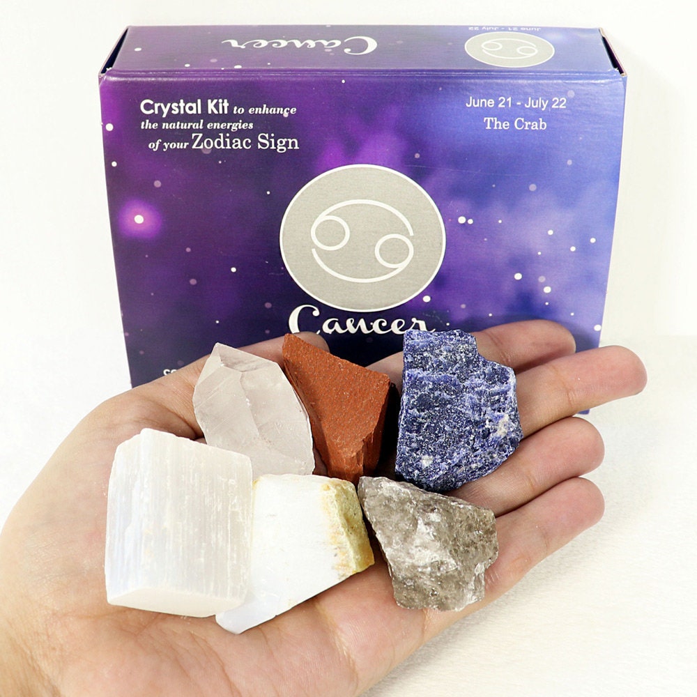 Cancer Zodiac Crystal Kit, Crystal Set for Birthday, Horoscope, Astrology. 6 Birthstones in a Gift Box, Crystal Bundles