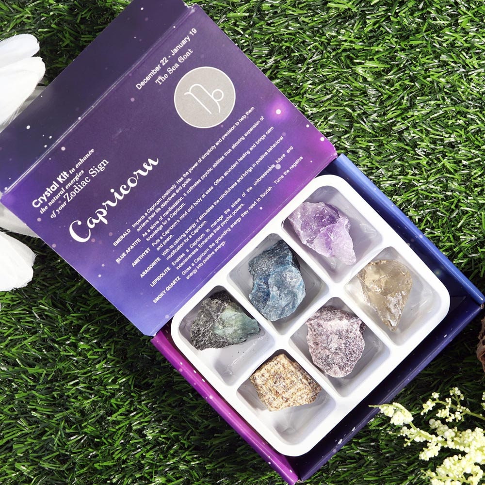 Capricorn Zodiac Crystal Kit, Crystal Set for Birthday, Horoscope, Astrology. 6 Birthstones in a Gift Box, Crystal Bundles