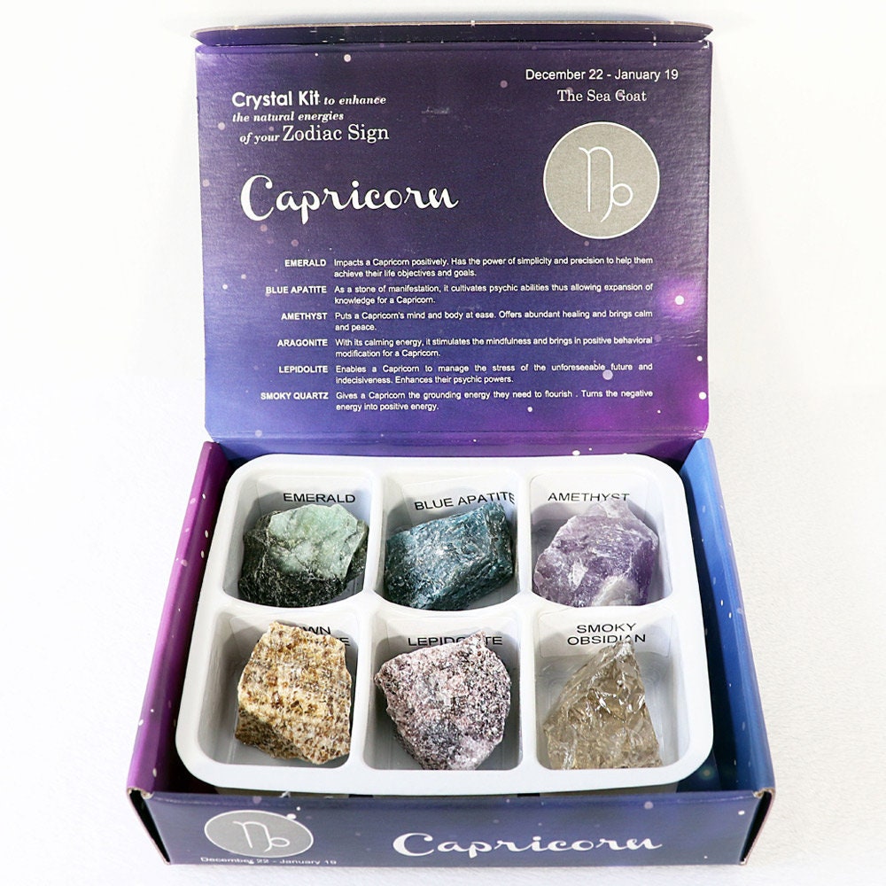 Capricorn Zodiac Crystal Kit, Crystal Set for Birthday, Horoscope, Astrology. 6 Birthstones in a Gift Box, Crystal Bundles