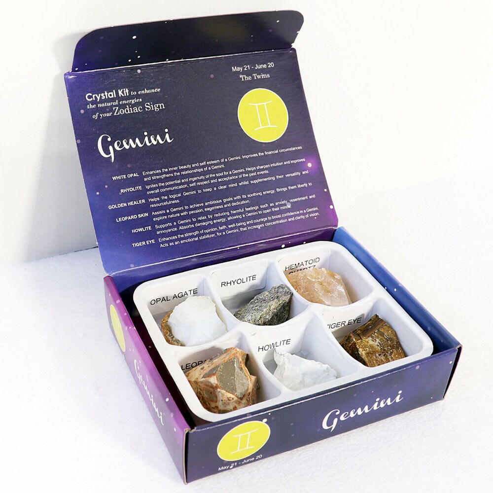 Gemini Zodiac Crystal Kit, Crystal Set for Birthday, Horoscope, Astrology. 6 Birthstones in a Gift Box, Crystal Bundles