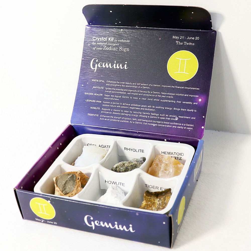 Gemini Zodiac Crystal Kit, Crystal Set for Birthday, Horoscope, Astrology. 6 Birthstones in a Gift Box, Crystal Bundles