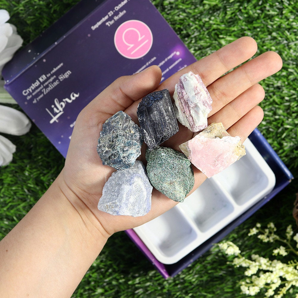 Libra Zodiac Crystal Kit, Crystal Set for Birthday, Horoscope, Astrology. 6 Birthstones in a Gift Box, Crystal Bundles