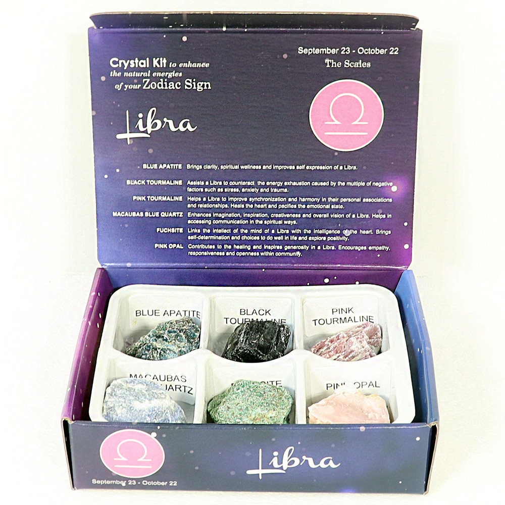 Libra Zodiac Crystal Kit, Crystal Set for Birthday, Horoscope, Astrology. 6 Birthstones in a Gift Box, Crystal Bundles