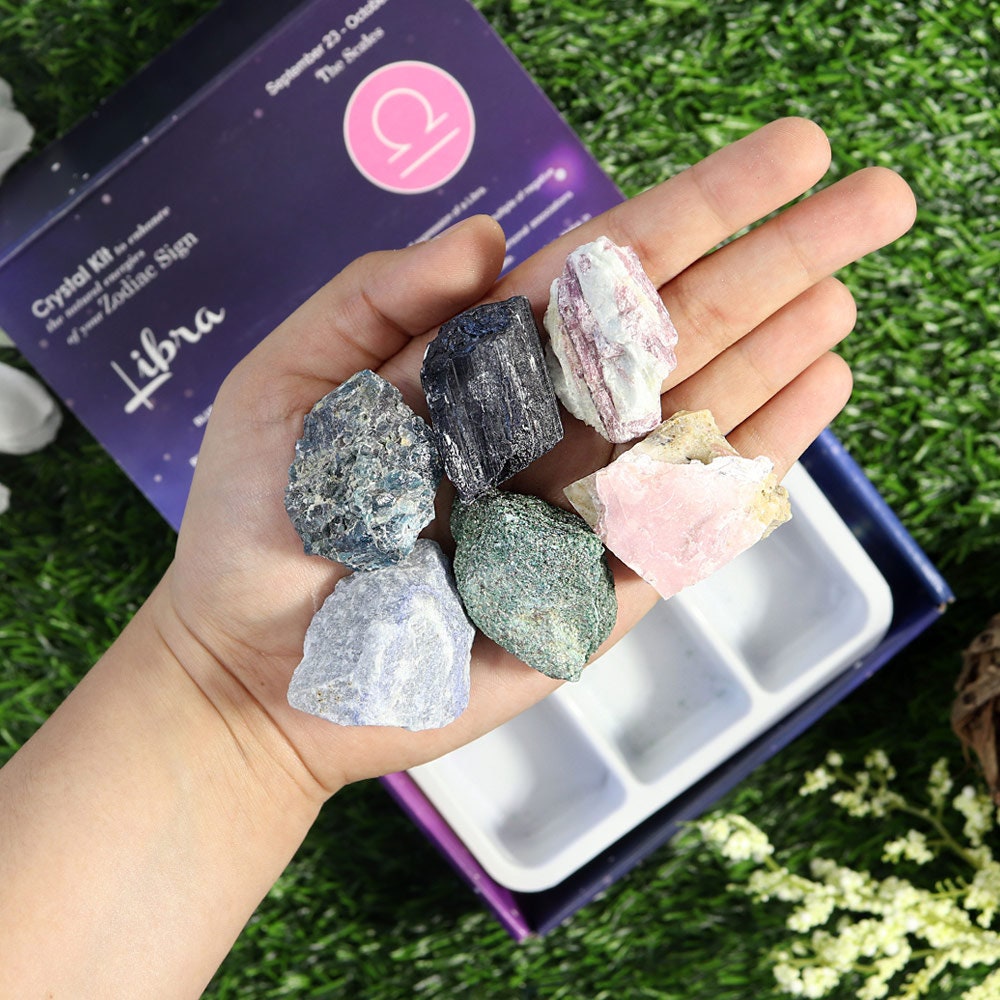 Libra Zodiac Crystal Kit, Crystal Set for Birthday, Horoscope, Astrology. 6 Birthstones in a Gift Box, Crystal Bundles