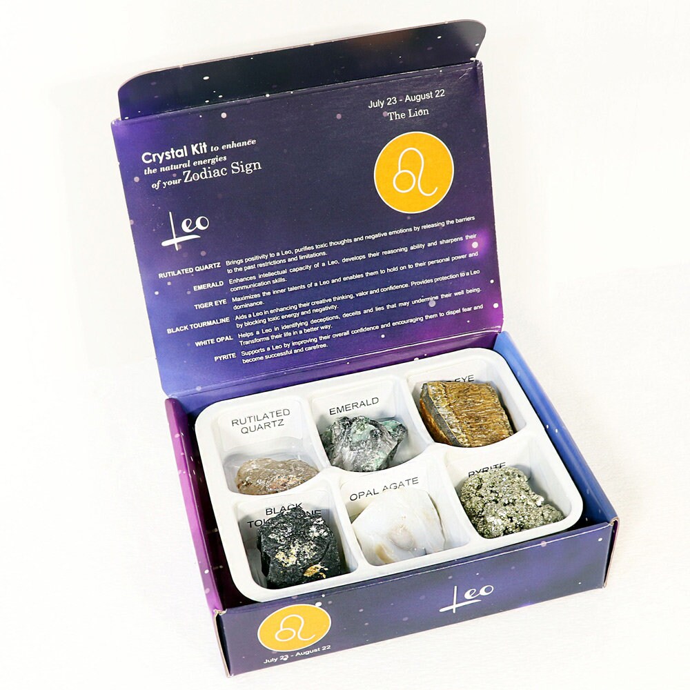 Leo Zodiac Crystal Kit, Crystal Set for Birthday, Horoscope, Astrology. 6 Birthstones in a Gift Box, Crystal Bundles