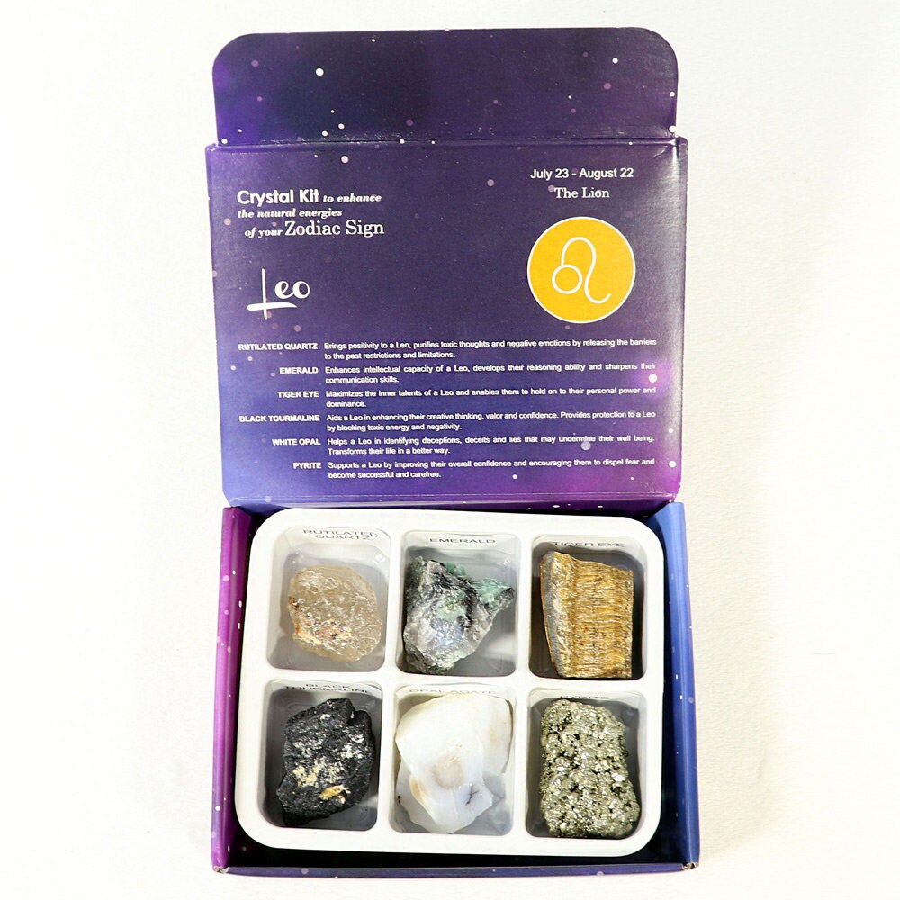 Leo Zodiac Crystal Kit, Crystal Set for Birthday, Horoscope, Astrology. 6 Birthstones in a Gift Box, Crystal Bundles