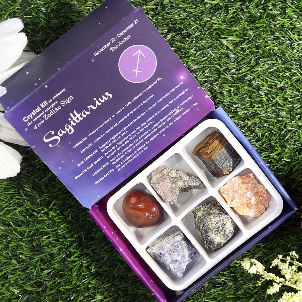 Sagittarius Zodiac Crystal Kit, Crystal Set for Birthday, Horoscope, Astrology. 6 Birthstones in a Gift Box, Crystal Bundles