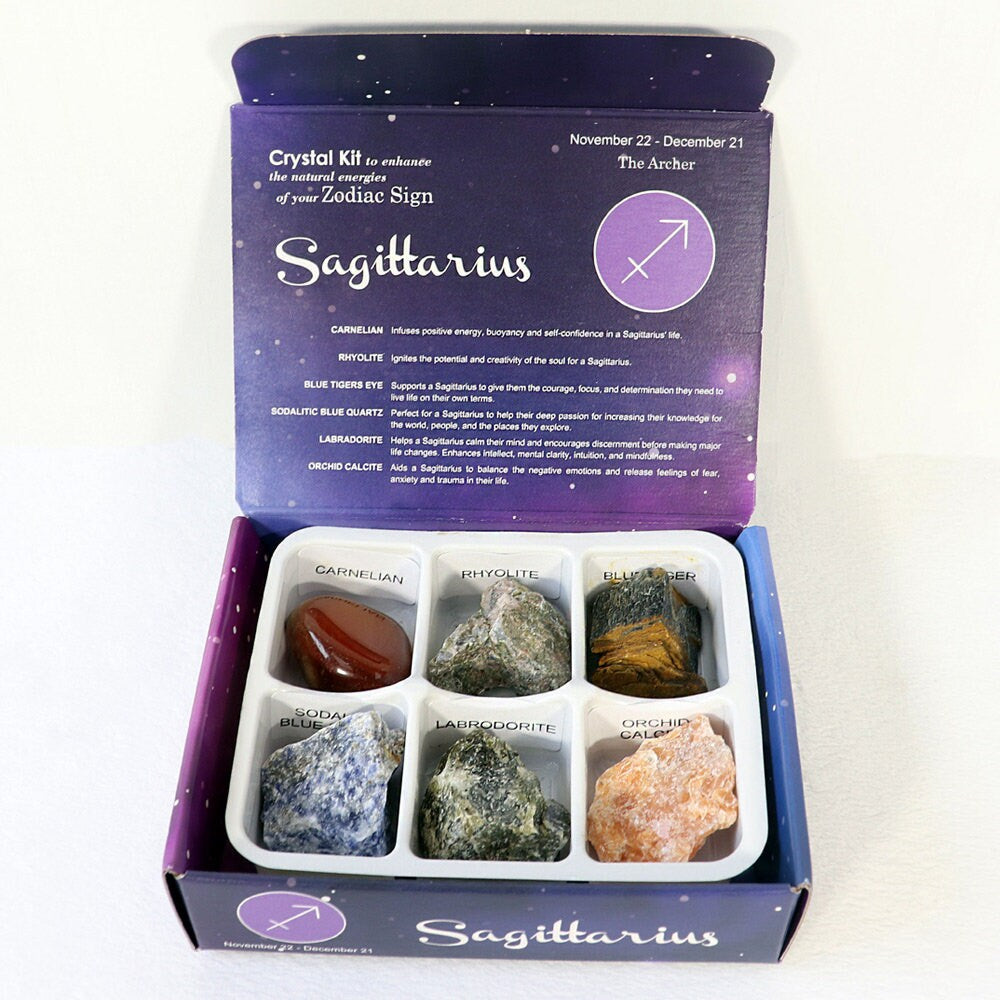 Sagittarius Zodiac Crystal Kit, Crystal Set for Birthday, Horoscope, Astrology. 6 Birthstones in a Gift Box, Crystal Bundles