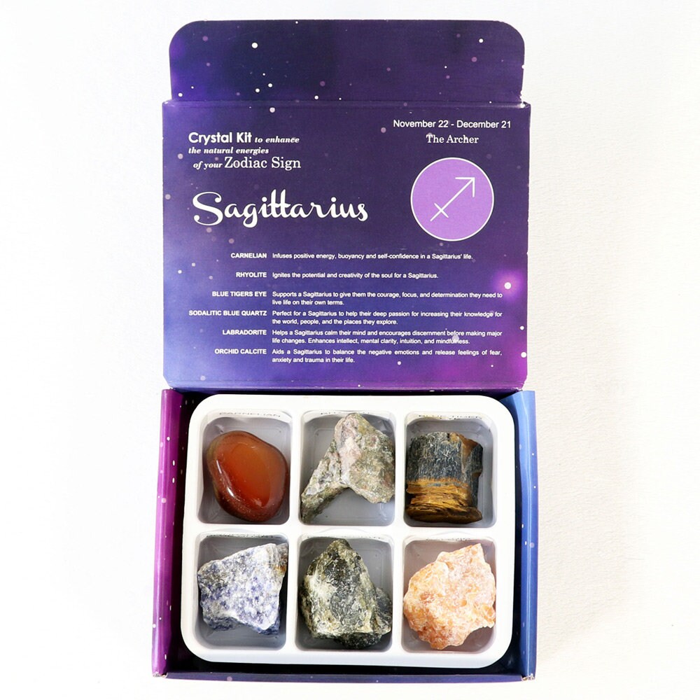 Sagittarius Zodiac Crystal Kit, Crystal Set for Birthday, Horoscope, Astrology. 6 Birthstones in a Gift Box, Crystal Bundles