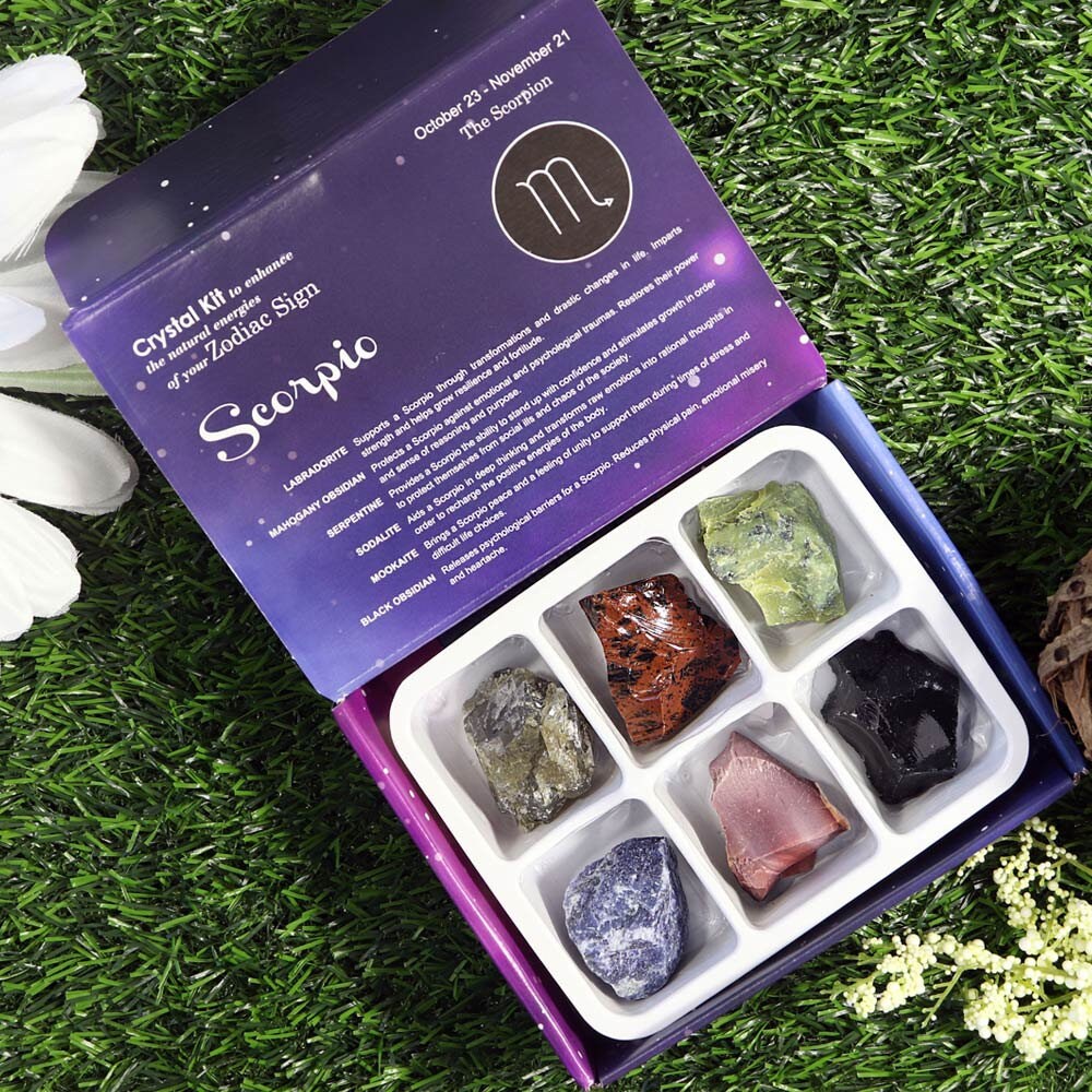 Scorpio Zodiac Crystal Kit, Crystal Set for Birthday, Horoscope, Astrology. 6 Birthstones in a Gift Box, Crystal Bundles