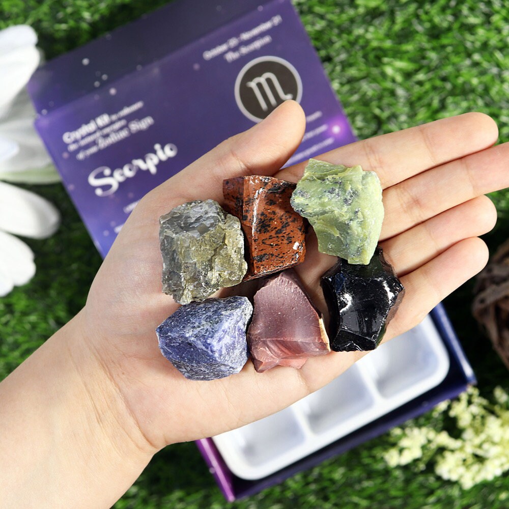 Scorpio Zodiac Crystal Kit, Crystal Set for Birthday, Horoscope, Astrology. 6 Birthstones in a Gift Box, Crystal Bundles