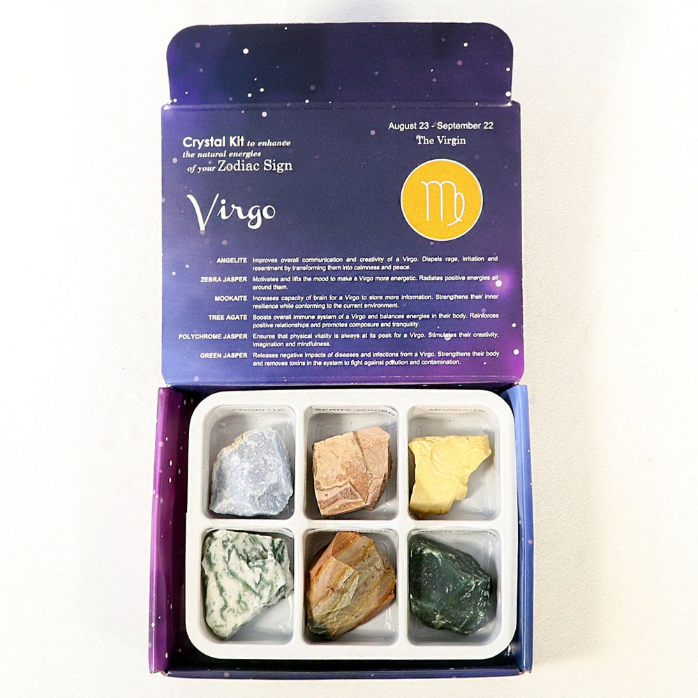 Virgo Zodiac Crystal Kit, Crystal Set for Birthday, Horoscope, Astrology. 6 Birthstones in a Gift Box, Crystal Bundles