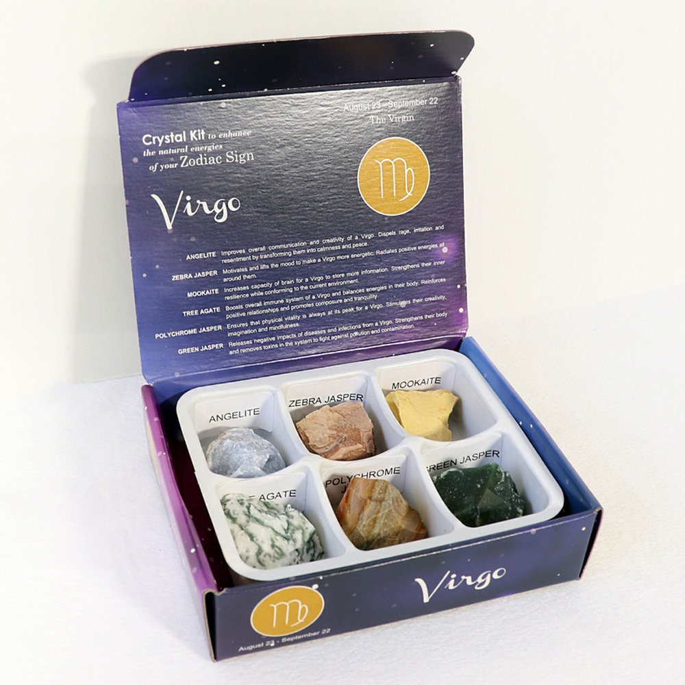 Virgo Zodiac Crystal Kit, Crystal Set for Birthday, Horoscope, Astrology. 6 Birthstones in a Gift Box, Crystal Bundles