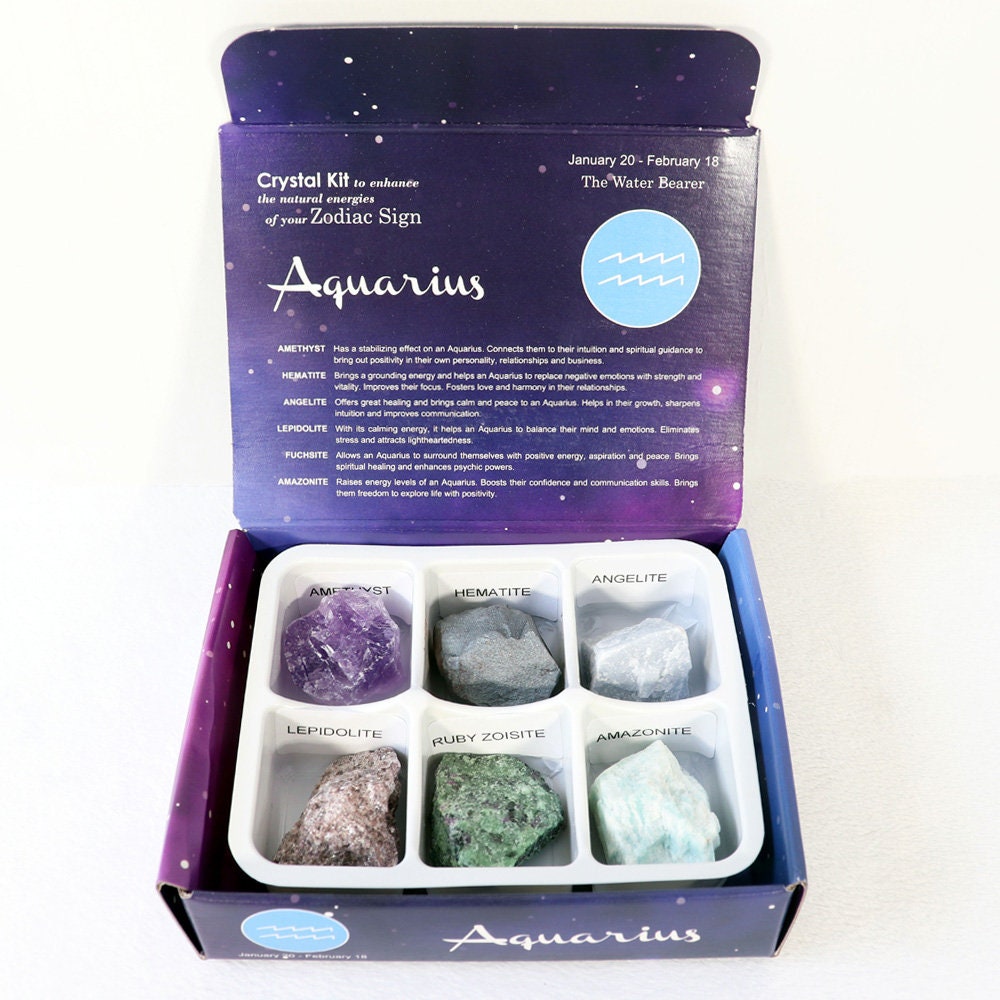 Aquarius Zodiac Crystal Kit, Crystal Set for Birthday, Horoscope, Astrology. 6 Birthstones in a Gift Box, Crystal Bundles