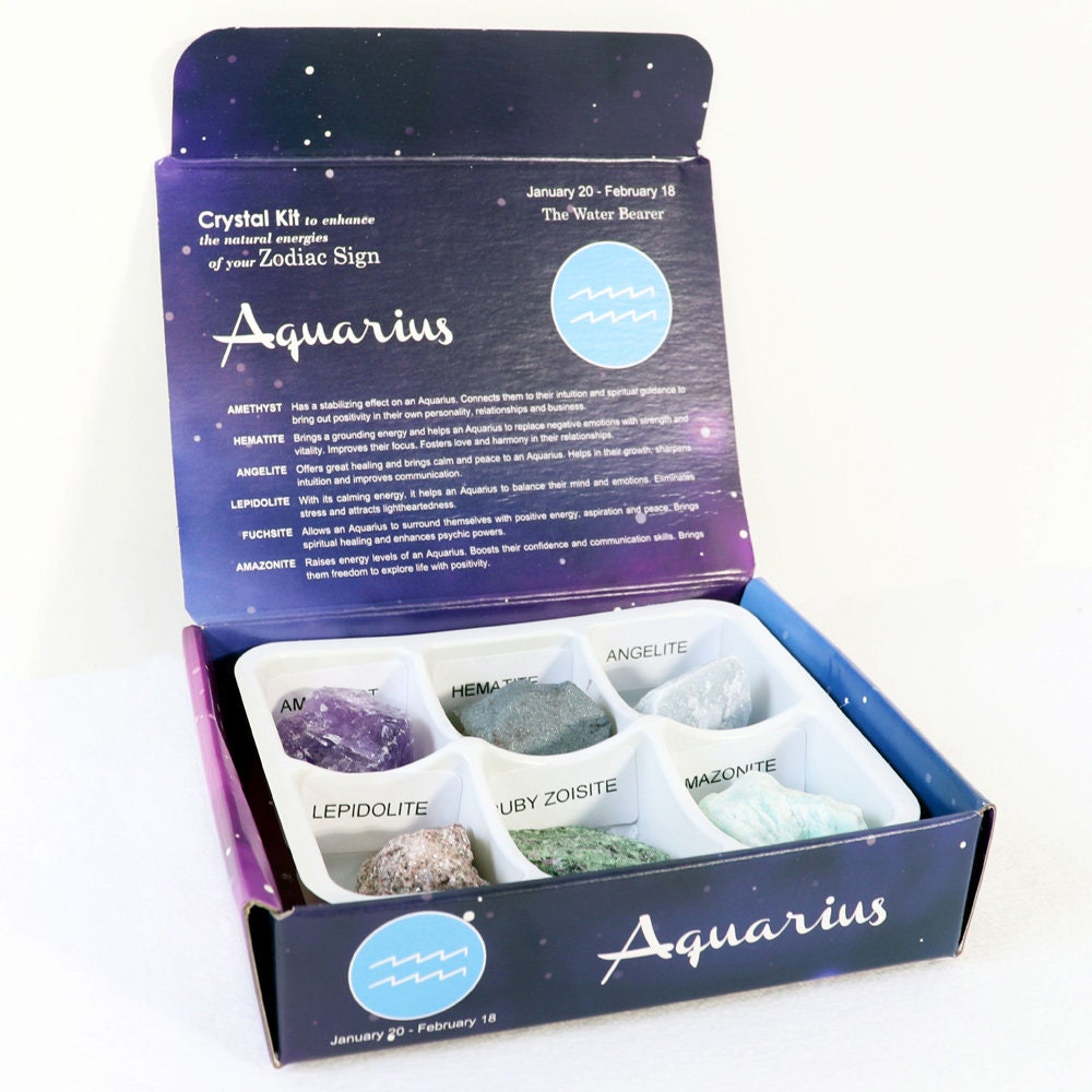 Aquarius Zodiac Crystal Kit, Crystal Set for Birthday, Horoscope, Astrology. 6 Birthstones in a Gift Box, Crystal Bundles