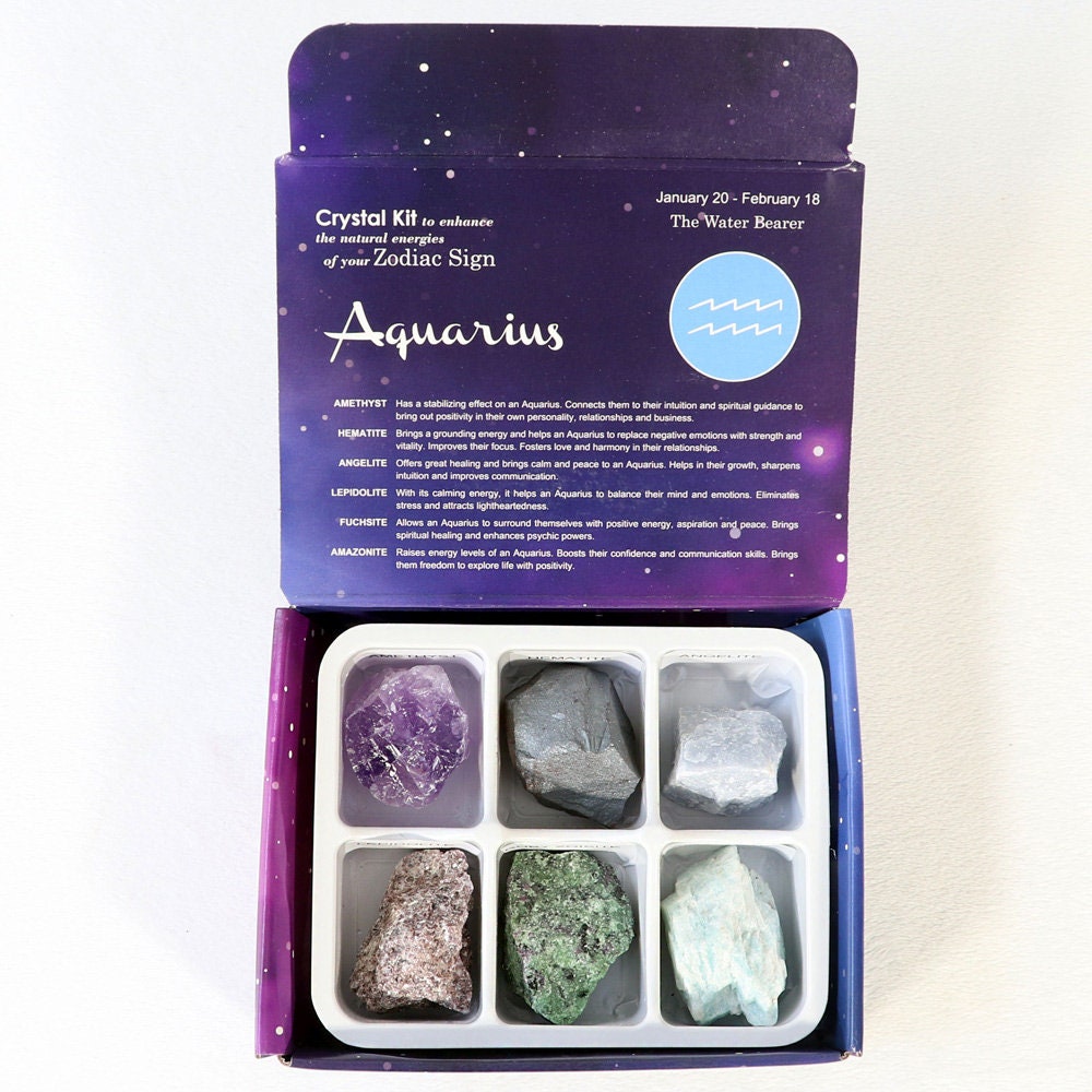 Aquarius Zodiac Crystal Kit, Crystal Set for Birthday, Horoscope, Astrology. 6 Birthstones in a Gift Box, Crystal Bundles