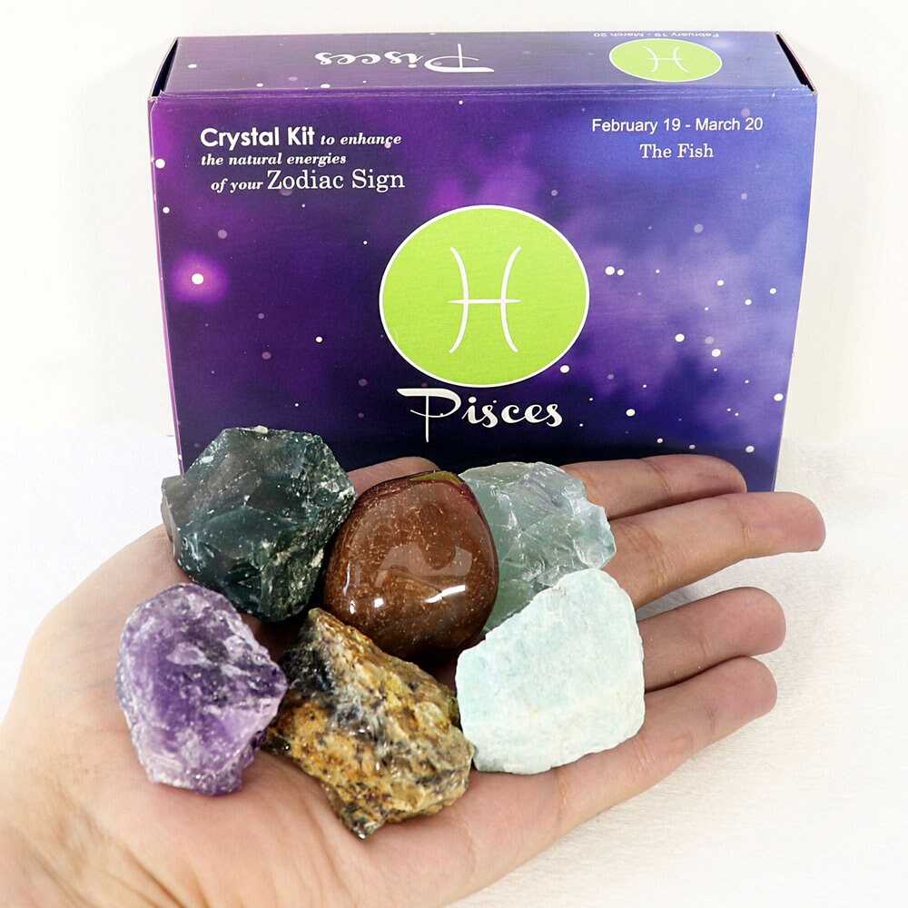 Pisces Zodiac Crystal Kit, Crystal Set for Birthday, Horoscope, Astrology. 6 Birthstones in a Gift Box, Crystal Bundles