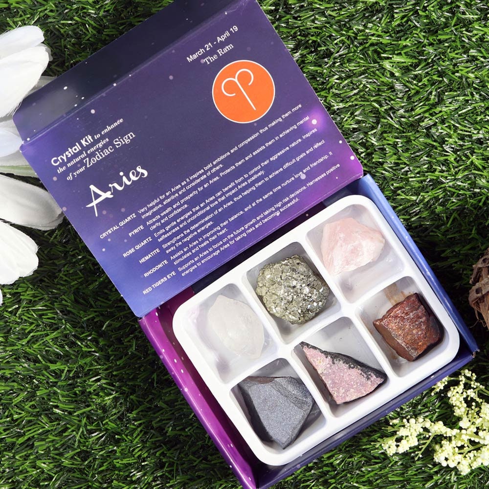 Aries Zodiac Crystal Kit, Crystal Set for Birthday, Horoscope, Astrology. 6 Birthstones in a Gift Box, Crystal Bundles