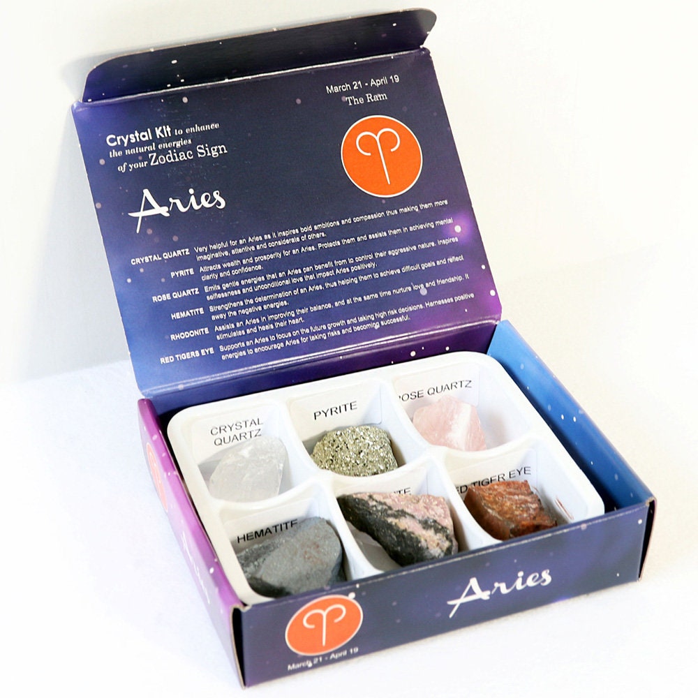 Aries Zodiac Crystal Kit, Crystal Set for Birthday, Horoscope, Astrology. 6 Birthstones in a Gift Box, Crystal Bundles