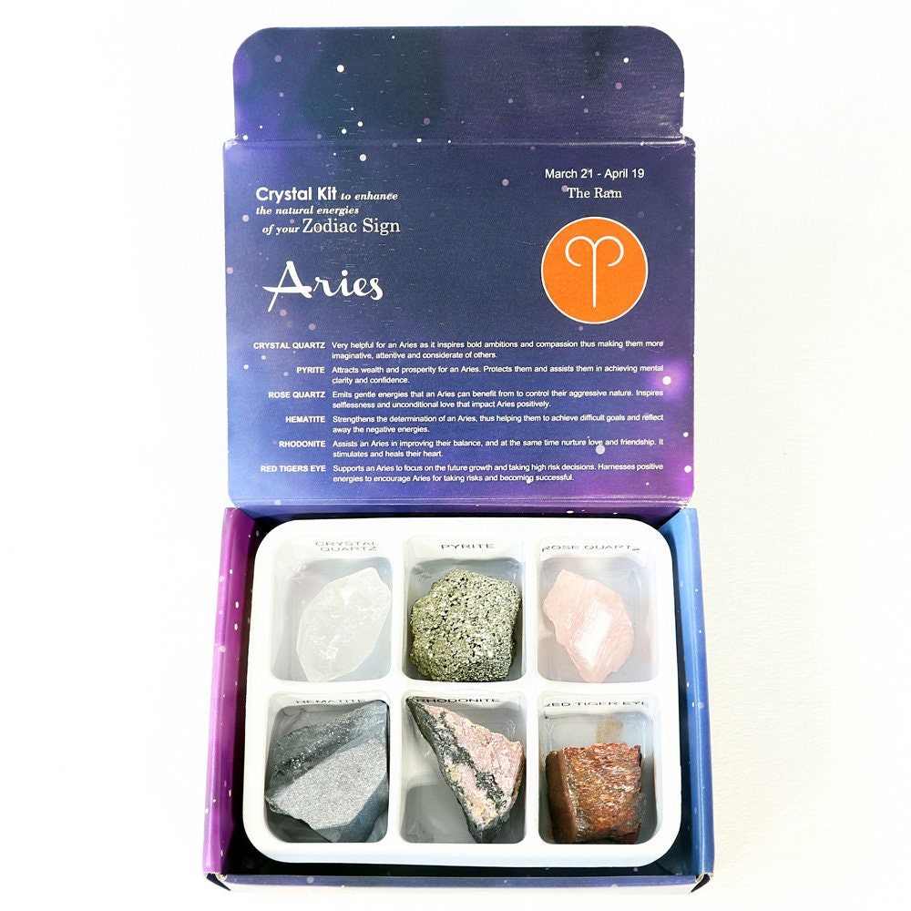 Aries Zodiac Crystal Kit, Crystal Set for Birthday, Horoscope, Astrology. 6 Birthstones in a Gift Box, Crystal Bundles