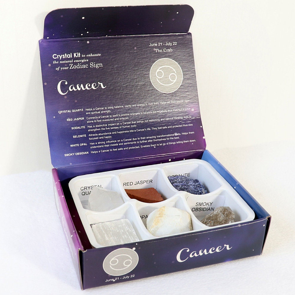 Cancer Zodiac Crystal Kit, Crystal Set for Birthday, Horoscope, Astrology. 6 Birthstones in a Gift Box, Crystal Bundles