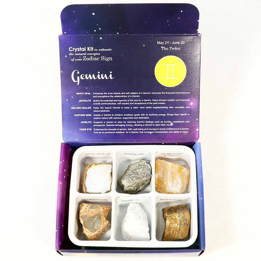 Gemini Zodiac Crystal Kit, Crystal Set for Birthday, Horoscope, Astrology. 6 Birthstones in a Gift Box, Crystal Bundles