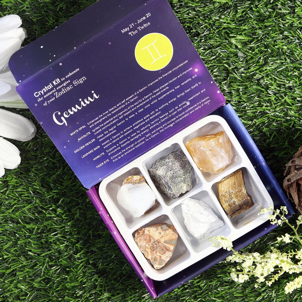 Gemini Zodiac Crystal Kit, Crystal Set for Birthday, Horoscope, Astrology. 6 Birthstones in a Gift Box, Crystal Bundles