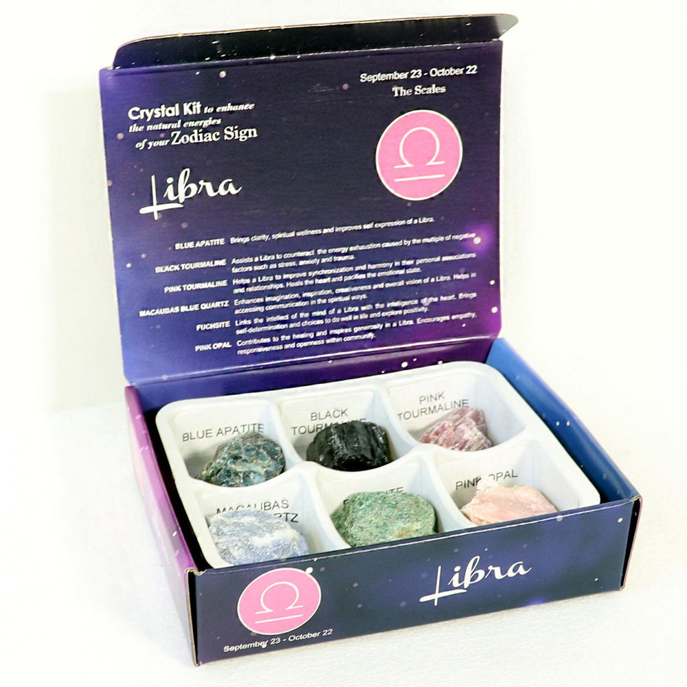 Libra Zodiac Crystal Kit, Crystal Set for Birthday, Horoscope, Astrology. 6 Birthstones in a Gift Box, Crystal Bundles