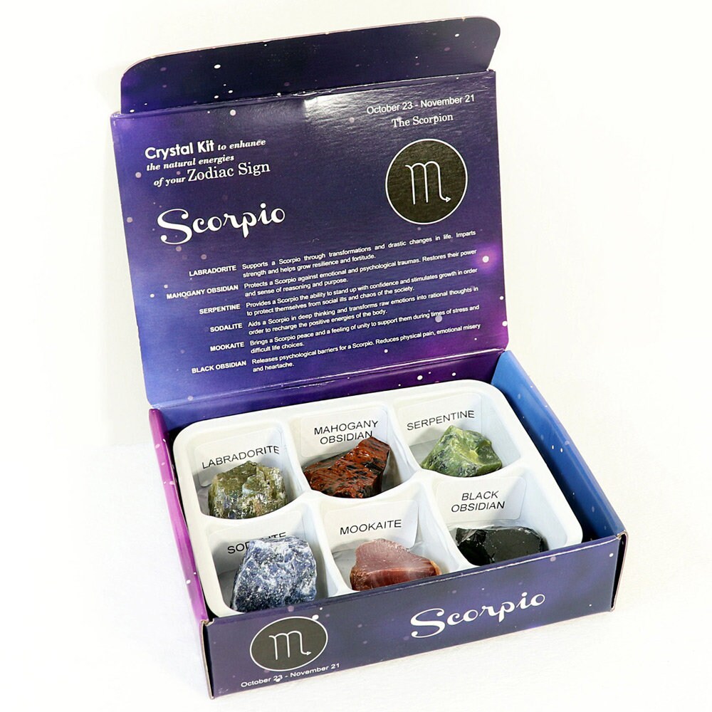 Scorpio Zodiac Crystal Kit, Crystal Set for Birthday, Horoscope, Astrology. 6 Birthstones in a Gift Box, Crystal Bundles