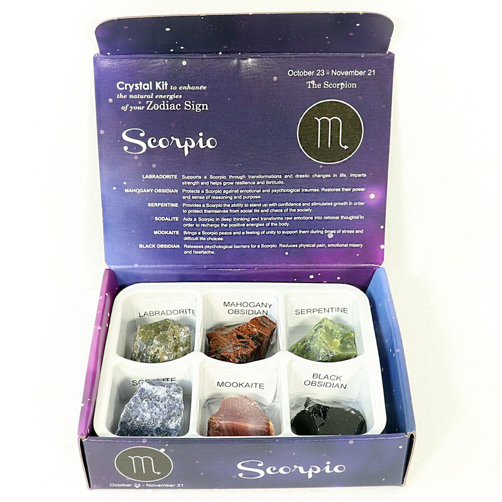 Scorpio Zodiac Crystal Kit, Crystal Set for Birthday, Horoscope, Astrology. 6 Birthstones in a Gift Box, Crystal Bundles