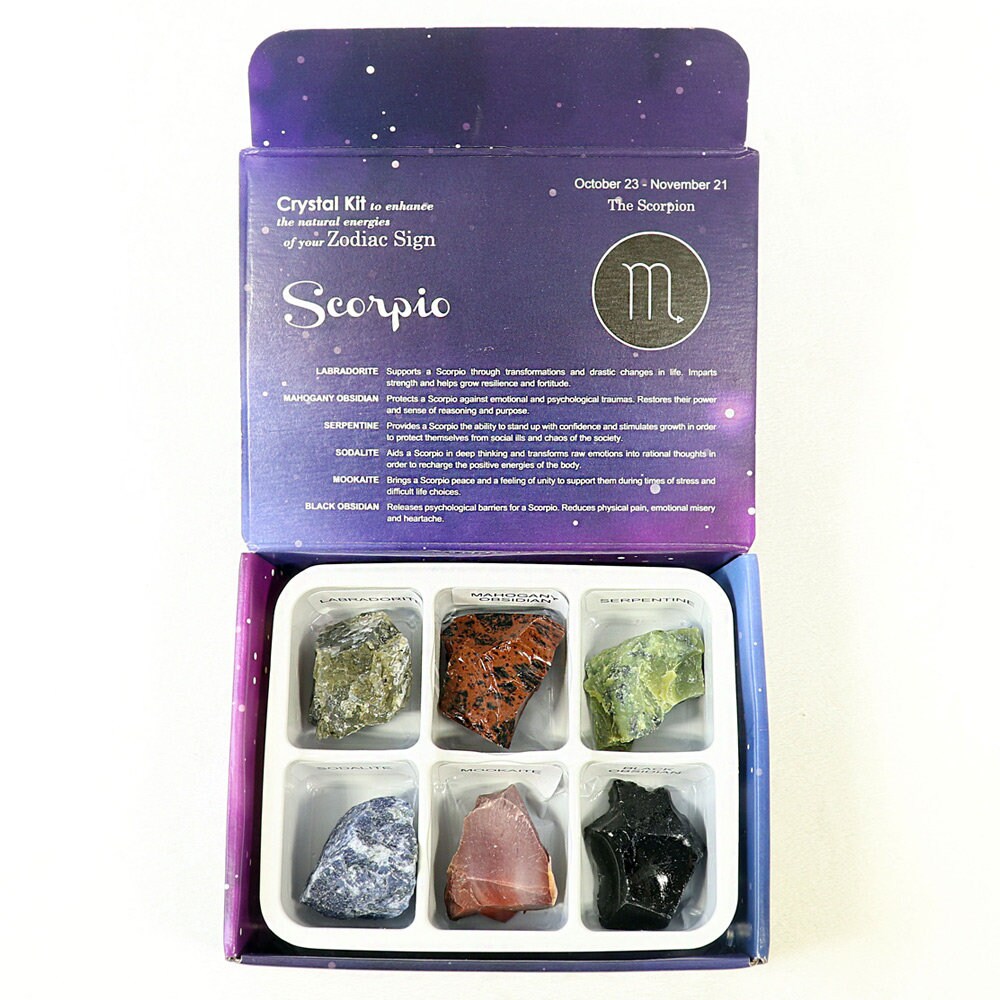 Scorpio Zodiac Crystal Kit, Crystal Set for Birthday, Horoscope, Astrology. 6 Birthstones in a Gift Box, Crystal Bundles