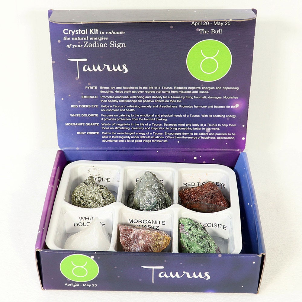 Taurus Zodiac Crystal Kit, Crystal Set for Birthday, Horoscope, Astrology. 6 Birthstones in a Gift Box, Crystal Bundles