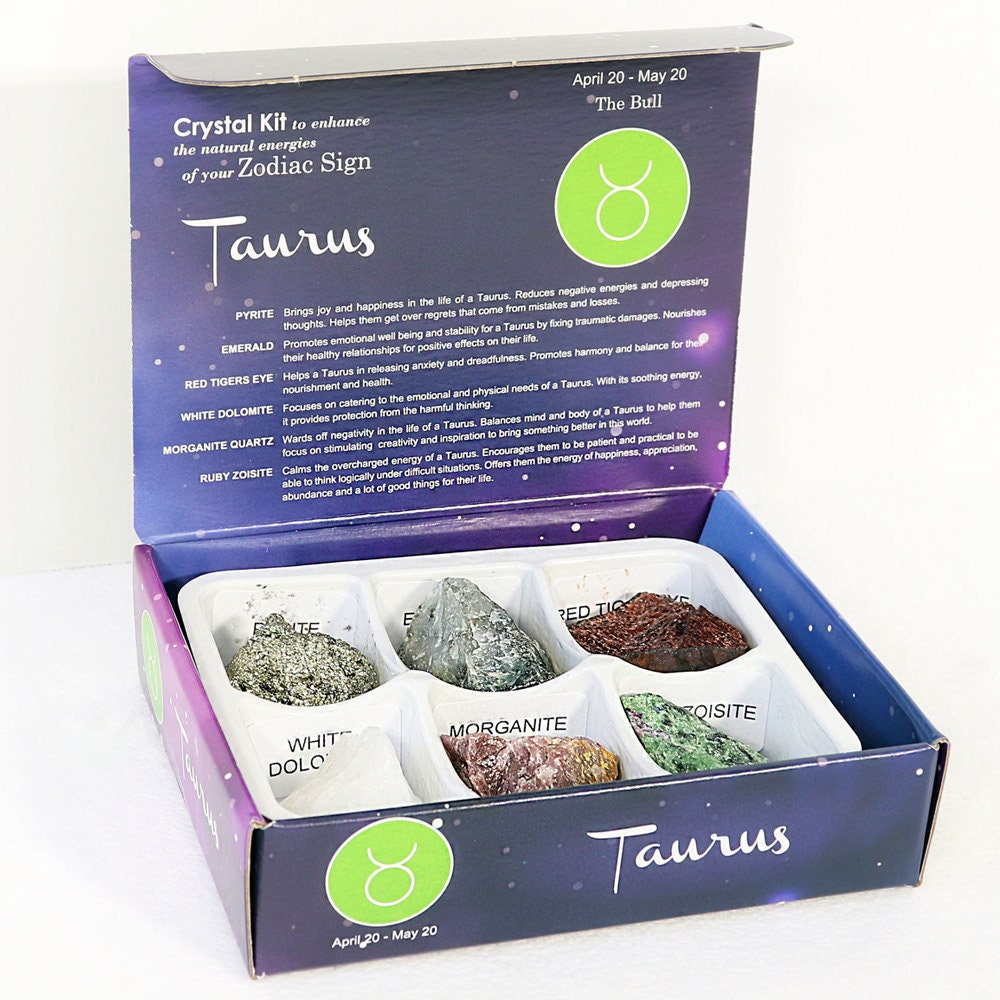 Taurus Zodiac Crystal Kit, Crystal Set for Birthday, Horoscope, Astrology. 6 Birthstones in a Gift Box, Crystal Bundles