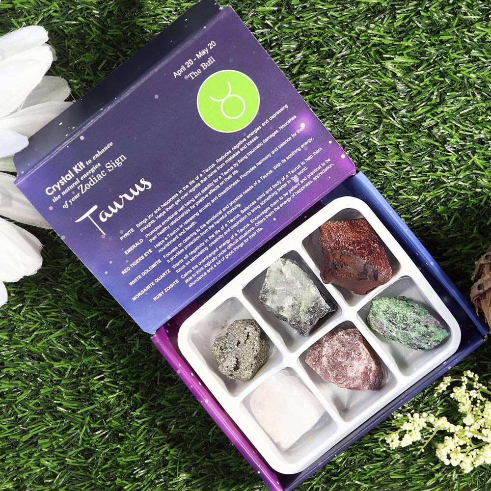 Taurus Zodiac Crystal Kit, Crystal Set for Birthday, Horoscope, Astrology. 6 Birthstones in a Gift Box, Crystal Bundles