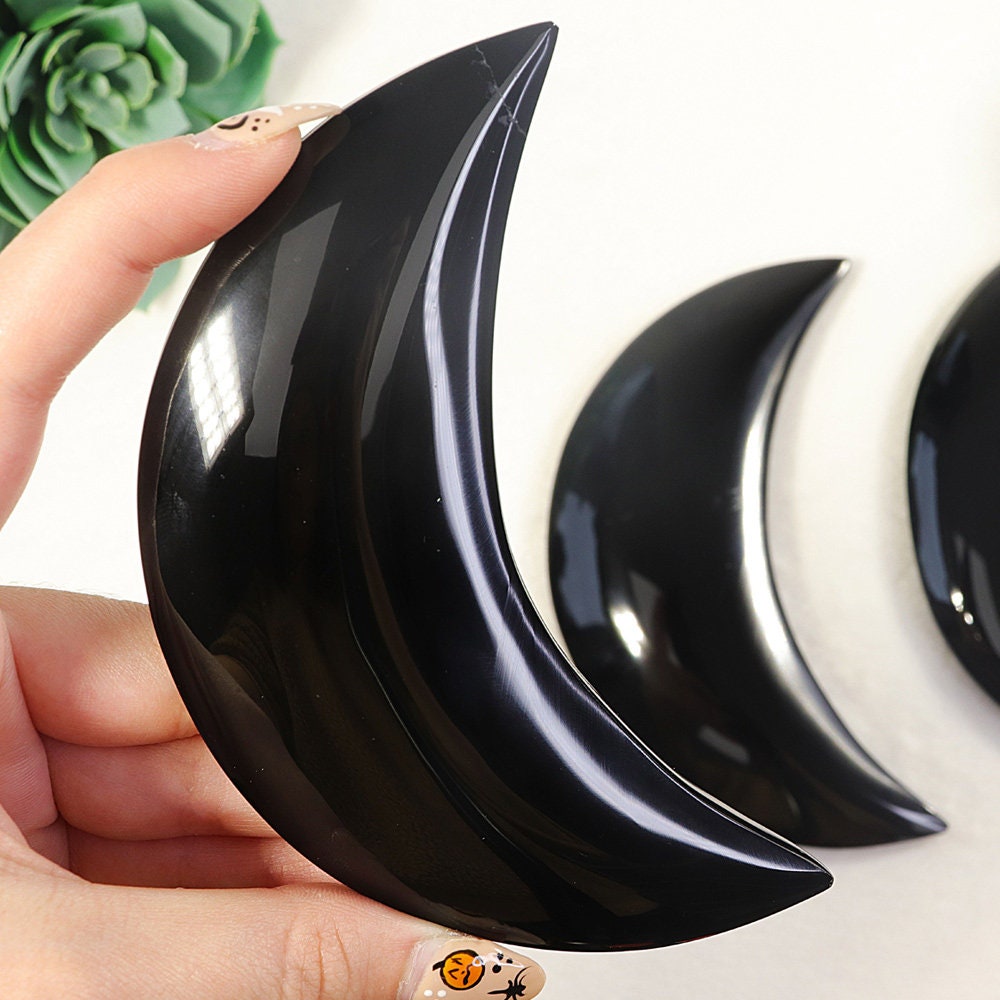 Large Handmade Black Obsidian Moon, Black Moon, Witch Craft, Halloween, Crescent Moon