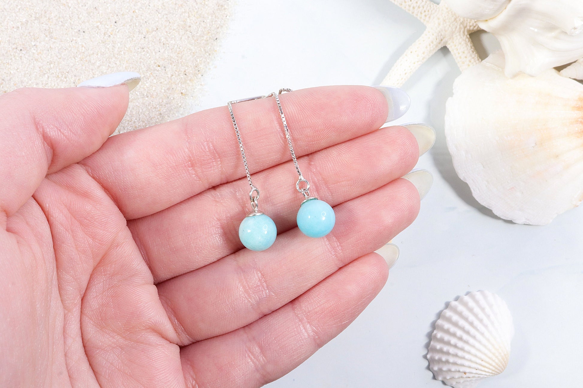 Genuine Amazonite Earrings, Threader Earrings, Crystal Earrings, Sterling Silver, Dangle Earrings, Mindfulness Gift, Inner Peace