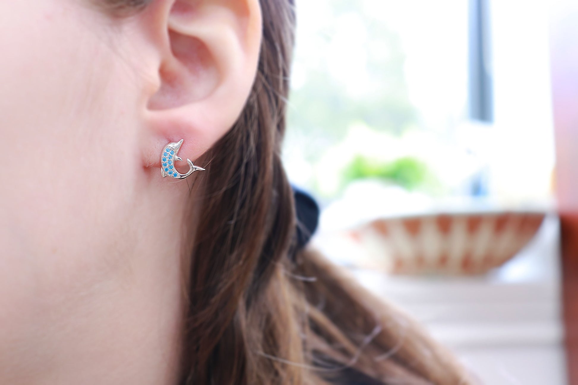 Genuine Blue Topaz Earrings, Dolphin Earrings, Crystal Earrings, Sterling Silver, Dolphin Stud, Handmade Jewelry