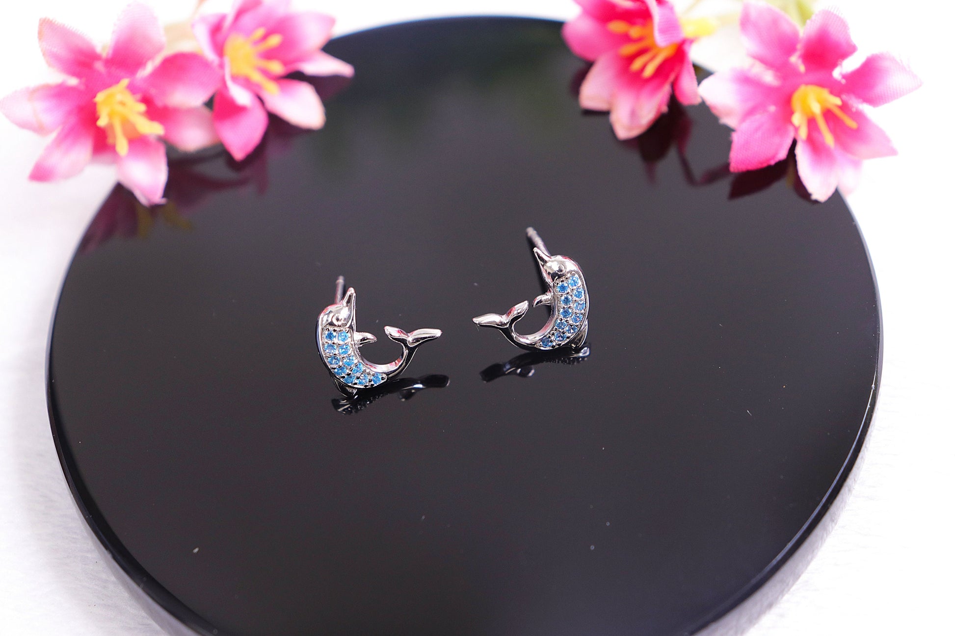 Genuine Blue Topaz Earrings, Dolphin Earrings, Crystal Earrings, Sterling Silver, Dolphin Stud, Handmade Jewelry